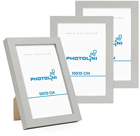 PHOTOLINI Bilderrahmen 10x15 Silber MDF-Holz, 3er Set Poster-Rahmen, bruchsicheres Acrylglas, zum Aufhängen & Aufstellen, extra Zubehör - für Fotos & Poster