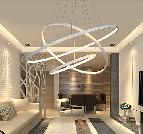 ANZHUANG LED Pendelleuchte Esstisch Weiss, Hängelampe Wohnzimmer Modern dimmbar Mit Fernbedienung 3000K-6500K, Kreative Runde 3-Kreis-Entwurf Lampenschirm, Acryl Hängeleuchte Schlafzimmer Lampen 76W