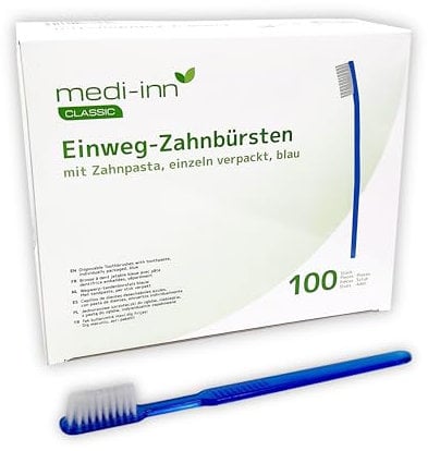 Medi-Inn Einmalzahnbürsten mit Zahnpasta, 100 Stück, einzeln hygienisch verpackt, blau