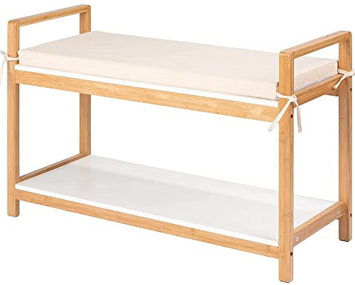 WENKO Schuhbank mit Sitzpolster Finja, Scandi Chic Schuhregal mit Sitzfläche, moderner Schuhschrank & Sitzbank aus hochwertigem, nachhaltigem Bambus kombiniert mit MDF, 90 x 55 x 34 cm, Weiß/Natur