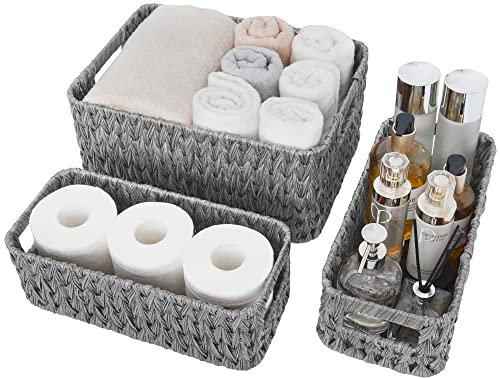 GRANNY SAYS Wicker Baskets for Organising, Pack of 3 Nesting Storage Baskets for Shelves, 1 Large Wicker Storage Basket and 2 Long Baskets Waterproof, Wicker Storage Baskets for Bathroom Shelf, Grey