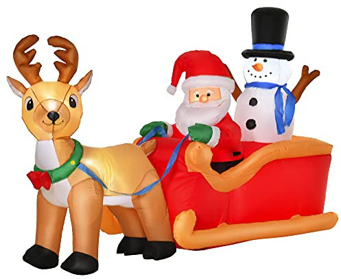 HOMCOM Aufblasbarer Weihnachtsmann auf Schlitten mit Schneemann Weihnachtsdekoration LED wetterfest Polyester 200 x 80 x 128 cm