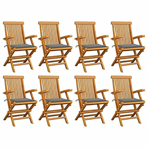 Susany 8 STK. Gartenstuhl mit Grauen Kissen Klappstuhl mit Armlehne Holzstuhl Hochlehner Terrassenstuhl Balkonstuhl Gartenmöbel Massivholz Teak