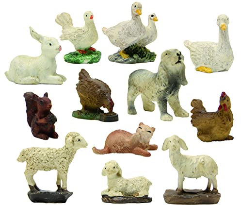 BTV 12 x Krippenfiguren Deko-Figuren Mini in 3 cm max. Größe, für Weihnachtskrippe für 4-9 cm Figuren, Ente, Katze, Hund, Schafe, Hase, Taube, Eichhörnchen, Hühner