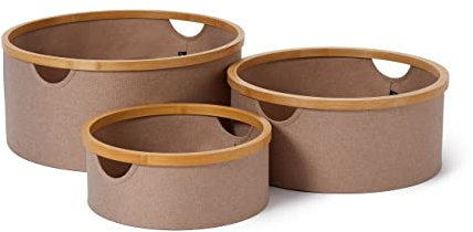 Lumaland Bambus-Rahmen Aufbewahrungsbox 3er Set rund | Boxen in den Maßen ø 45 x 20 cm, ø 38 x 16 cm und ø 30 x 12 cm [Taupe]