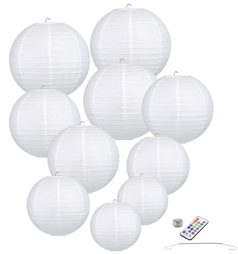 10 x Papier Lampions weiß inkl. LED mit Fernbedienung inkl. Federhaken