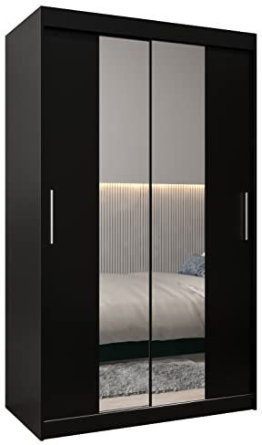 ABIKSMEBLE Tokio 1 120 Armario 2 Puertas Correderas para Dormitorio - Armario Moderno con Espejo, Barra y Estantes - 120x200x62 cm (Ancho x Alto x Fondo) - Negro Mate