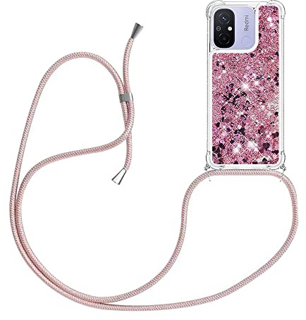 YAMCCCSE Handykette für Xiaomi Redmi 12C Hülle mit Band, Silikon Durchsichtig Transparent Flüssig Glitzer mit Kette Kordel Treibsand Necklace TPU Schutzhülle Case，Rosa