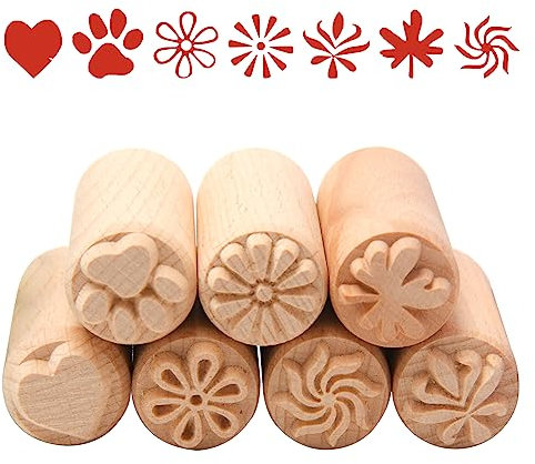 Sixfolo 7 Stück Holzstempel Holz Keramik Werkzeuge Stempel Runde Ton Stempel Naturholz Stempel mit Blume und Herz Mustern für Ton, Keramik,Teig Oder Gebäck,Scrapbooking…