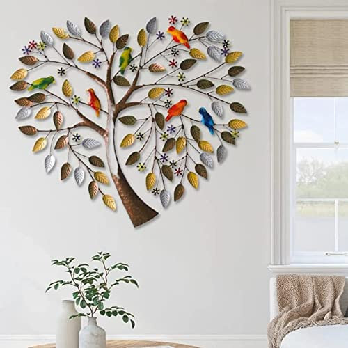 ZZYYZZ Décoration Murale en métal Arbre de Vie, décoration Murale en Forme de cœur, Oiseaux colorés sur Une Branche, décoration Murale en métal, pour Salon, Chambre à Coucher,24x24
