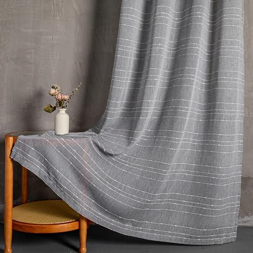 MYSKY HOME Gardinen mit Ösen Vorhänge Wohnzimmer Voile Vorhang Modern Gardine 2er Set Schlafzimmer Weiss Gestreift Muster Vorhang Halbtransparent Streifen H 225 x B 140, Dunkelgrau.