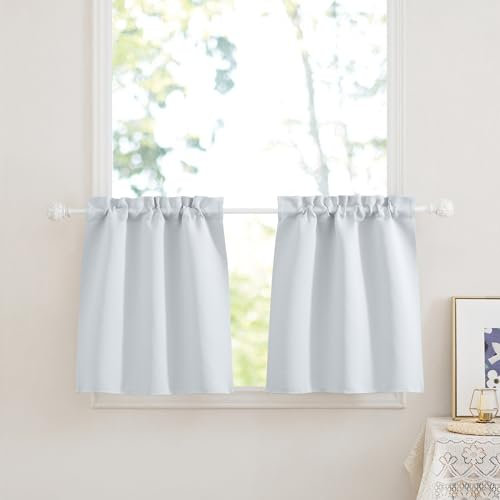 PONY DANCE Scheibengardinen Thermovorhang Kurzgardinen Wohnzimmer Modern Vorhänge Blickdicht Bistrogardine Küche Gardinen Wohnwagen 2er Set B 60 x H 120 cm, Grau-weiß
