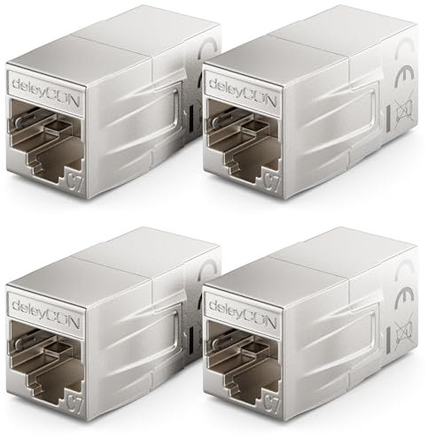 deleyCON 4 Stück RJ45 Kupplung CAT 7 (10Gbps, 600MHz) Verbinder CAT7 Verlängerung Ethernet Adapter Metall Kompatibel zu Cat8, Cat7, Cat6, Cat5 Patchkabel LAN DSL POE 2X RJ45 Buchse, Silber