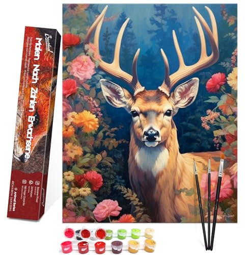 Bougimal Peinture par Numéros Animaux adultes Cadre avec pinceaux et peinture acrylique - 40 x 50 cm, Fleur et Cerf 2