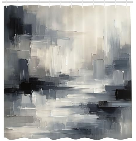 ABAKUHAUS Schwarz und Weiß Duschvorhang, Modernes neutrales Design Pinselstriche in Graustufenpalette Grunge Kunst, Stoffliches Gewebe mit Haken, 175 x 200 cm, Eierschale Blaugrau
