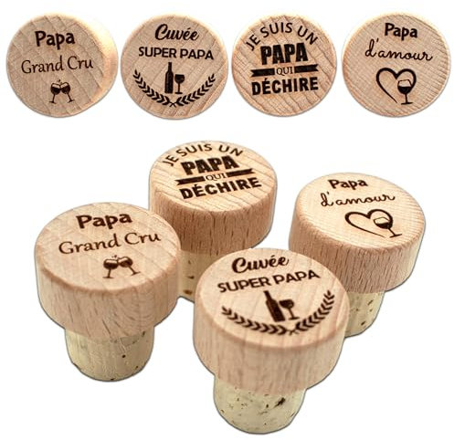 Ernestine - Lot de 4 Bouchons Papa fête des pères - Cadeau fête des pères - idée Cadeau Papa - Cadeaux Bouteille Bouchon à vin - Bouchon personnalisé - idée Cadeau Homme Anniversaire - Accessoire vin