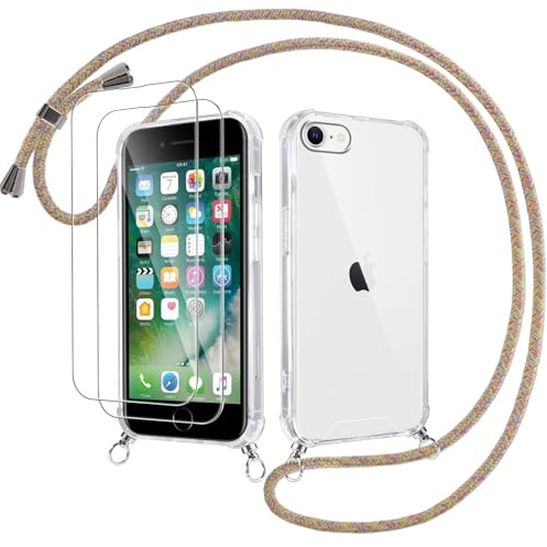 Votvloay Coque Cordon pour iPhone 8/7/SE 2020/SE 2022 4,7 avec 2 Pièces Verre Trempé,Transparent Étui Réglable Laniere Collier Corde Case, Mince TPU Souple Silicone Housse Antichoc Bumper Cover,Jaune