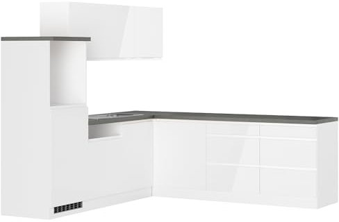 Lomadox Küche Küchenzeile Winkelküche 240/240cm in Hochglanz weiß, Arbeitsplatte Betonoptik
