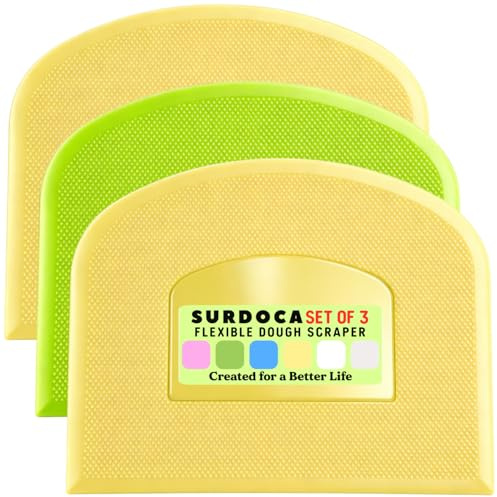SURDOCA Dough Scraper Bench Scraper - 3P 4.7x3.7 Plastic Flexible Bowl Scraper, Sharp Edge & Angles Cake Scraper. Non-Slip Bakeware Decorating Tools Sculpting & Modeling Tools - Yellow+Green+Yellow