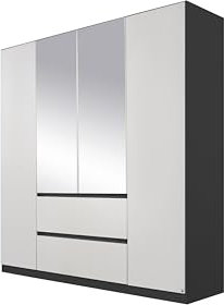 Rauch Möbel Nidda, Drehtürenschrank mit 2 Schubladen, 2 Spiegeltüren, Kleiderschrank weiß, Garderobe, 4-türig, grifflos mit Push-to-Open-Funktion, Farbe Weiß/Grau metallic, Schwarz, 181x197x54cm