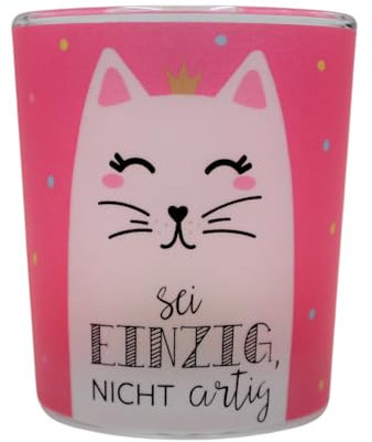 Dekohelden24 Windlichtglas mit Motiv auf Einer transparenten Banderole, inkl. 1 Teelicht, H/Ø: 6,5 x 6 cm, Motiv: Sei einzig, Nicht artig.