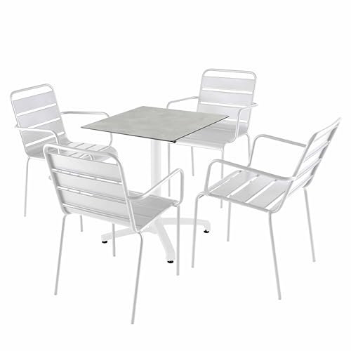 Oviala Set Tisch 60 cm Beton hellgrau und 4 Stühle aus Metall weiß