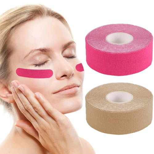 SIRLOMU 2 Rouleaux Bande de Lifting du Visage Multifonctionnelle Myofasciale, Bande Anti-Rides Respirante (2,5cm X 5m) (Blanc + Rose)