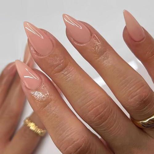 SXVME Coral Pink False Nails Medium, Acrylic Press on Nails Almond Solid Color Full Cover Fake Nails Medium Stiletto Stick on Nails for Women DIY Nail Art 24 Pcs
