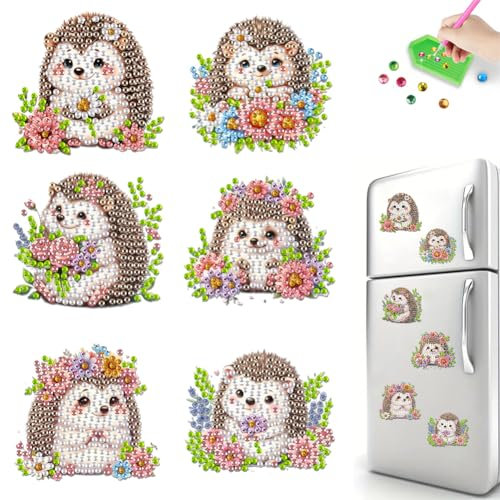 6 Stück Diamond Painting Magnete Kühlschrank Set,einfache Igel Diamant Malerei Kühlschrankmagnete,Kunsthandwerk für Anfänger und Erwachsene,für Whiteboard,Pinnwand,Kühlschrank,Magnettafel