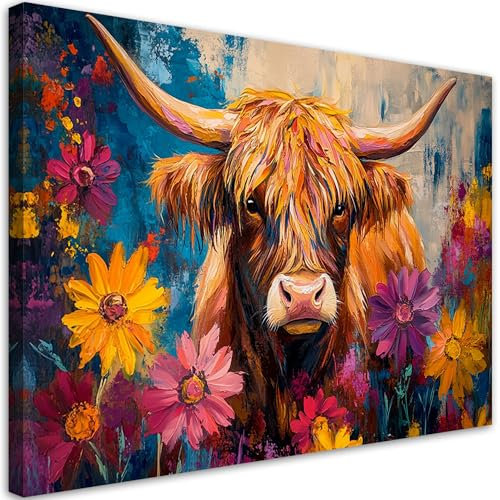 Feeby Wandbilder - Bilder Schlafzimmer - Schottische Kuh Blume gemalt - 60x40 cm 1tlg - Wohnzimmer Bild Groß - Wohnungs - Foto Geschenk - Leinwand Wall Art - Wand Deko