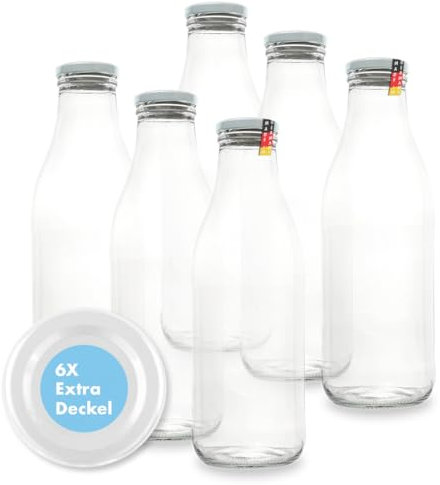 FLASCHENBAUER – Milchflaschen 1 Liter – 6x Glasflaschen 1 Liter – Twist-Off-Deckeln + Ersatz TO48 – Saftflasche, Smoothie Flasche & Weithalsflasche – Robust, temperaturbeständig [Weiße-Flasche]