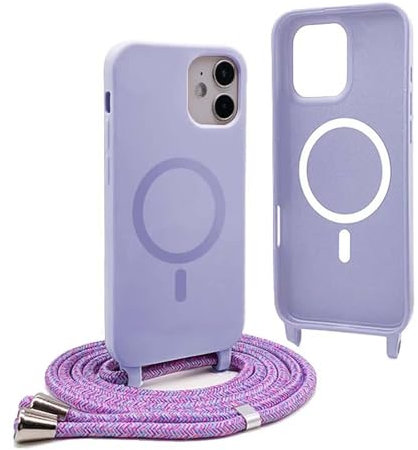 Magnetic Cover for iPhone 11 with Lanyard, Compatible with MagSafe, Silicone Case with Adjustable Neck Strap Nylon Chain Necklace – Purple