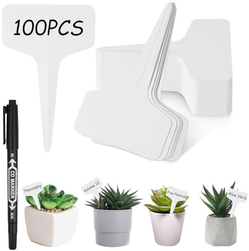 AOOTE 100 Pezzi Etichette per Piante, Marcatori per Piante Etichette in Plastica, Con Penna Nera, Marcatori di Tipo T Etichette Piante Impermeabile Cartellini, per Giardini, Frutteti o Fattorie