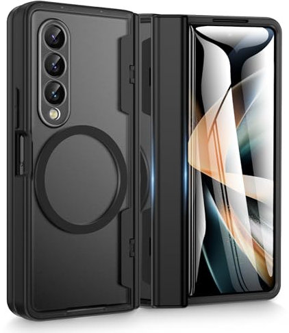 Doeshine für Samsung Galaxy Z Fold 4 Hülle mit Panzerglas Screen, Robuste Handyhülle für Magnetic Kabelloses Laden, Kratz- und stoßfest Fallschutz Militär Schutzhülle mit Scharnierschutz (Schwarz)