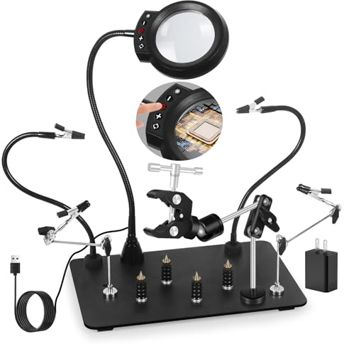 NOEVSBIG Helping Hands Soldering Station with Upgraded 5X Magnifying Lamp, 360° Soldering Clamp, 4 PCB Holders, Extra-Large Base & 4 Sturdy Flexible Arms, Hands-Free Tool for Soldering, Jewelry Crafts
