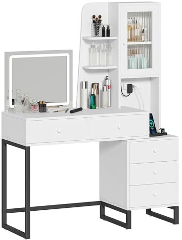 DWVO 5 Drawers Dressing Table, Vanity Makeup Table with Side Cabinet, Makeup Desk with Adjustable Brightness LED Light & USB Ports & Outlets, White