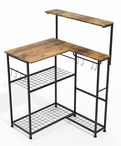 HIGDBFE Corner Bakers Rack with Storage Shelves, Small Coffee Bar Cart with 8 S-Shaped Hooks, 4 Tiers Microwave Stand with Storage, Freestanding Kitchen Appliance Organizer, Rustic Brown, 42.4 H