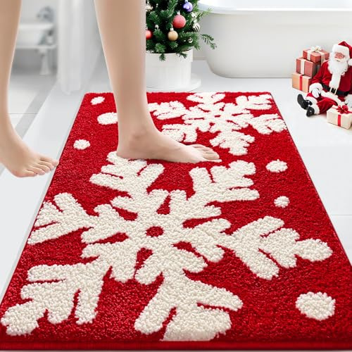 Likiyol Weihnachts-Badezimmerteppich, extra dick, weich, saugfähig, Schneeflocken-Badematte, rutschfest, waschbar, Weihnachts-/Winter-Badteppich, Duschbodenmatten für Weihnachtsdekorationen, 50,8 x