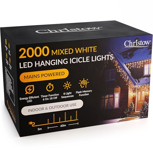 CHRISTOW Hanging Icicle Christmas Lights, 2000 White & Warm White LED, 60m Lit Length, Indoor & Outdoor, Mains Powered with Timer, 8 Flash Lighting Modes with Memory, Fairy String Light Decorations