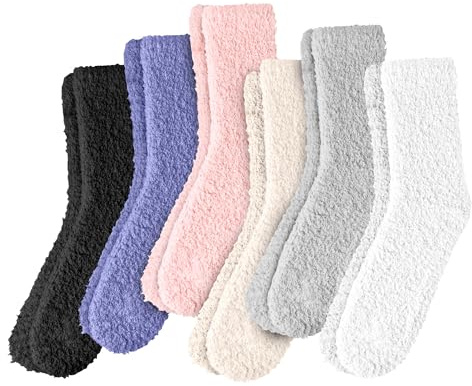 daqoupzi Lot de 6 paires de chaussettes douillettes pour femme 35-38/39-42 - Chaussettes de sommeil moelleuses pour femme - Noir, gris clair, blanc, beige, violet, poudre de jade