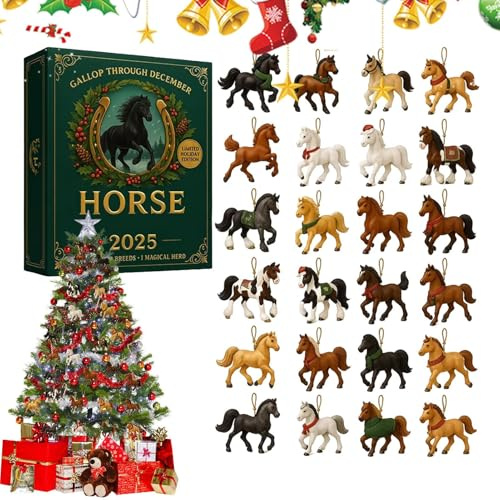 Adventskalender zum Thema Pferd 2025, Dekoration Anhänger 2D Weihnachten 2025 | Kalender Ornament Pferd der Ferien | für Wand, Tür, Baum, Innenraum, Erwachsene, Sammler Reiter