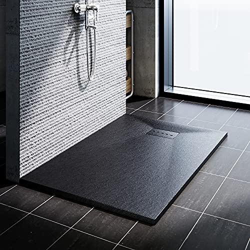 SONNI Duschwanne 120x90 cm, 32 mm Extra Flach, Schwarz, SMC, Ohne Siphon | Extra flache Duschwanne in Schieferoptik mit rutschhemmender Oberfläche für sicheren Stand und eine moderne Badgestaltung