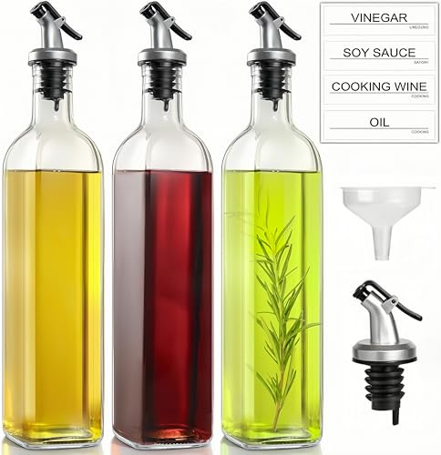 MIUSITE 3 Pack Olive Oil and Vinegar Dispenser Bottle for Kitchen - 500ml | Glass Cooking Oil Dispenser Bottle,Oil and Vinegar Dispenser, Oil Drizzler with Plastic Pourer, Funnel
