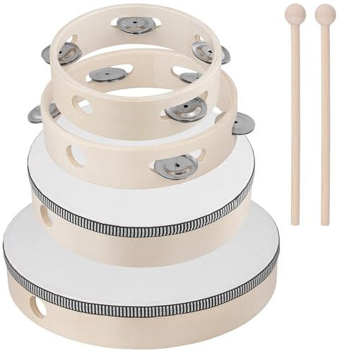 UNGFEI Handtrumma i trä och tamburin set med 4 (6/7/8/10 tum), 20 cm och 25 cm trummor med pinnar, 15 cm och 17 cm tamburiner med metalljinglar