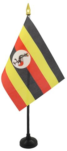 AZ FLAG - Uganda Table Flag 4'' x 6'' - Ugandan Mini Desk Flag 100% Polyester 15 x 10 cm - Office Flag with 10'' Pole - Golden Spear