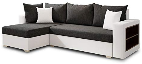 Ecksofa Lord mit Regal und Schlaffunktion - Sofa mit Bettkasten, Schlafsofa, Polsterecke, Couch L-Form, Couchgarnitur, Sofagarnitur (Weiß + Schwarz (Dolaro 511 + Berlin 02), Ecksofa Links)