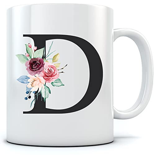 HotScamp Letter D Floral Initial Flowers Watercolour Monogrammed Mug for Tea and Coffee - Florals Pretty Vintage Wedding Monogram Work School WFH Home Office Girl Boss Mum One Size Natural