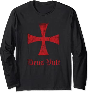 Mens Distressed Deus Vult Knights Templar Cross, Crusader Long Sleeve T-Shirt