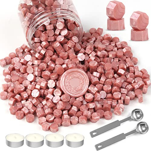 Wax Seal Beads, Wasole 400 PCS Rose Gold Sealing Wax Beads with 2PCS Wax Seal Melting Spoons and 4 Candles for Wax Stamp Sealing, Sealing Beads for Making Wedding and Party Invitations (Rose Gold)