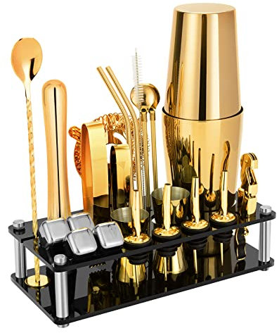 Cocktail Shaker Set, 23-teiliges Boston Edelstahl Barkeeper Kit mit Acrylständer & Cocktail Rezepte Booklet, Professionelle Bar Tools für Getränkemischung, Zuhause, Bar, Party - Gold